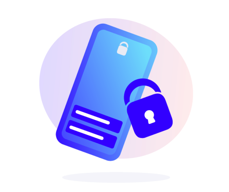 Blue symbol with mobile phone and security lock.